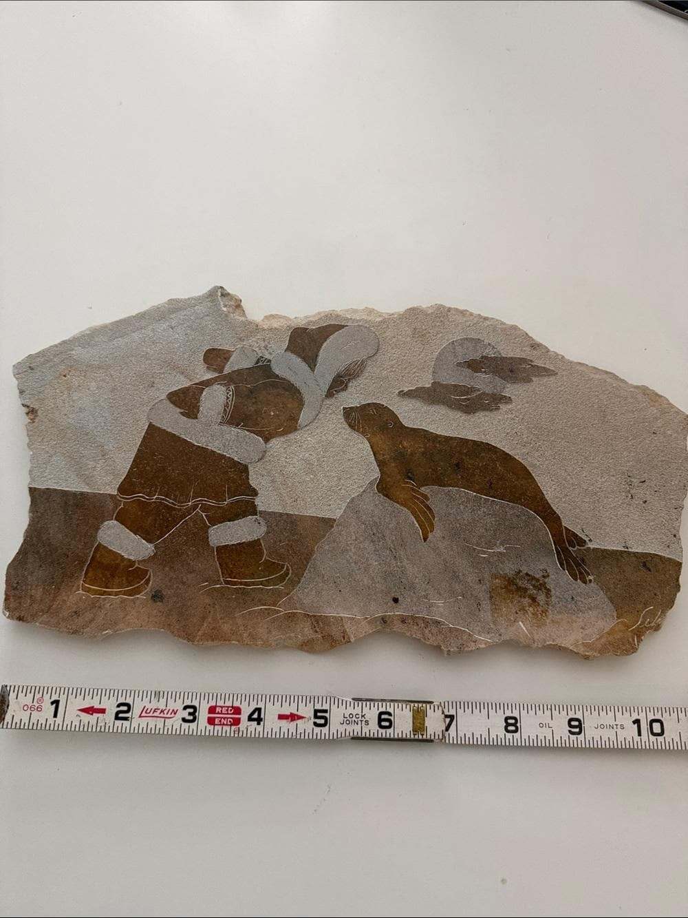 Vintage Inuit Art Etched Stone Plaque - Hunter and Seal Scene - Signed 11x6 inch